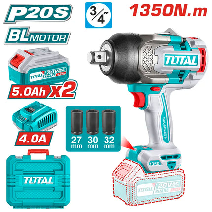 TOTAL LLAVE IMPACTO INALAMBRICA 3/4" 20V 1350 NM, 2 BATERIAS 5.0 AH, CARGADOR Y 3 COPAS UTIWLI20135