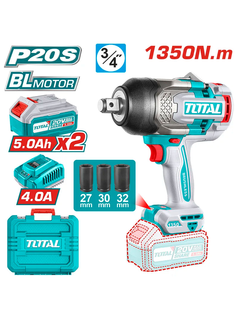 TOTAL LLAVE IMPACTO INALAMBRICA 3/4" 20V 1350 NM, 2 BATERIAS 5.0 AH, CARGADOR Y 3 COPAS UTIWLI20135