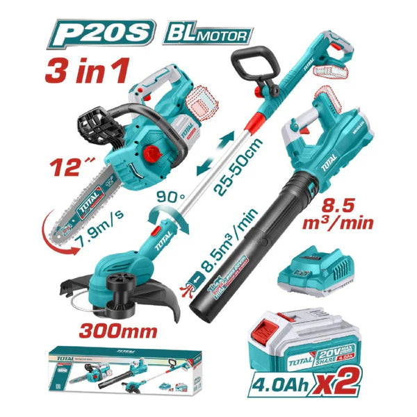 TOTAL COMBO INALAMBRICO 20V MOTOSIERRA 12" + GUADAÑADORA + SOPLADORA + 2 BATERIA 4.0AH Y CARGADOR INDUSTRIAL SUPER TOTAL UTOSLI241189