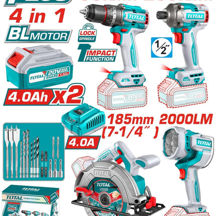 TOTAL COMBO INALAMBRICO 20V TALADRO PERCUTOR 96NM + ATORNILLADOR DE IMPACTO 1/2'' 285NM + CIERRA CIRCULAR 7-1/4'' + LAMPARA DE TRABAJO 2000LM + ACCESORIOS UTOSLI241297
