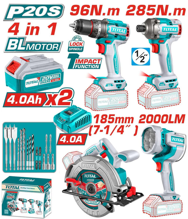 TOTAL COMBO INALAMBRICO 20V TALADRO PERCUTOR 96NM + ATORNILLADOR DE IMPACTO 1/2'' 285NM + CIERRA CIRCULAR 7-1/4'' + LAMPARA DE TRABAJO 2000LM + ACCESORIOS UTOSLI241297