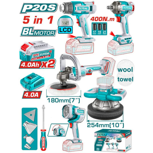 TOTAL COMBO INALAMBRICO 20V POLICHADORA ORBITAL 10¨ + POLICHADORA 7¨ + PISTOLA IMPACTO  1/2¨ 400NM UTOSLI250592