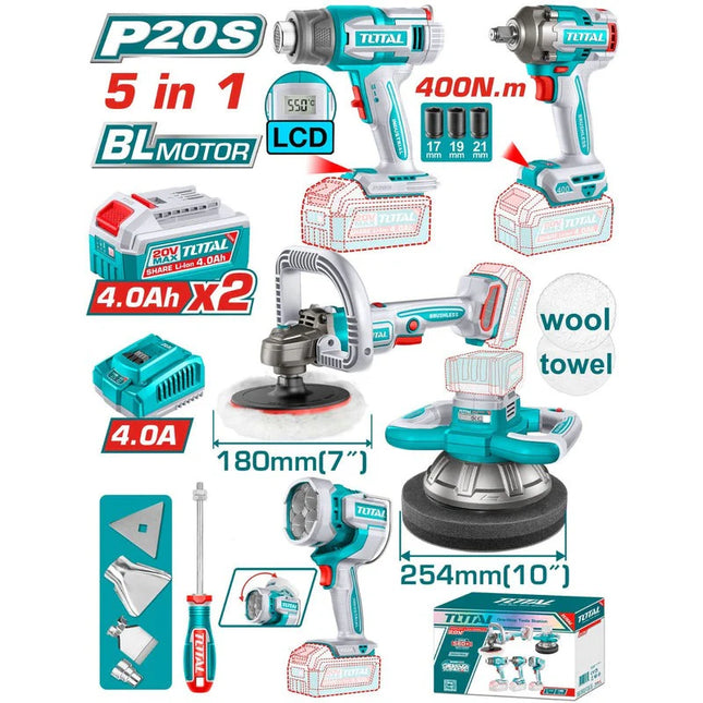 TOTAL COMBO INALAMBRICO 20V POLICHADORA ORBITAL 10¨ + POLICHADORA 7¨ + PISTOLA IMPACTO  1/2¨ 400NM UTOSLI250592
