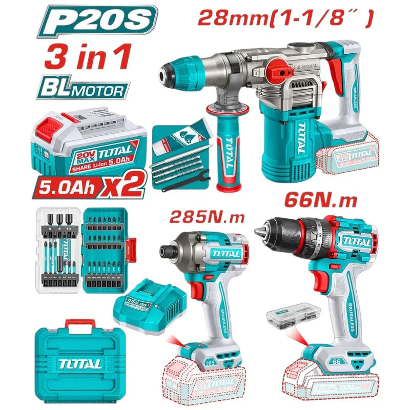 TOTAL COMBO TALADRO INALAMBRICO 20V + ATORNILLADOR DE IMPACTO + ROTOMARTILLO UTOSLI250693