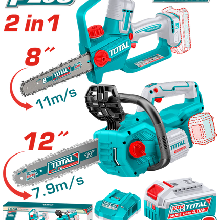 TOTAL COMBO INALAMBRICO 20V SIERRA MINI 8" + MOTOSIERRA 12" + 2 BATERIAS 4.0AH + CARGADOR INDUSTRIAL UTOSLI251085