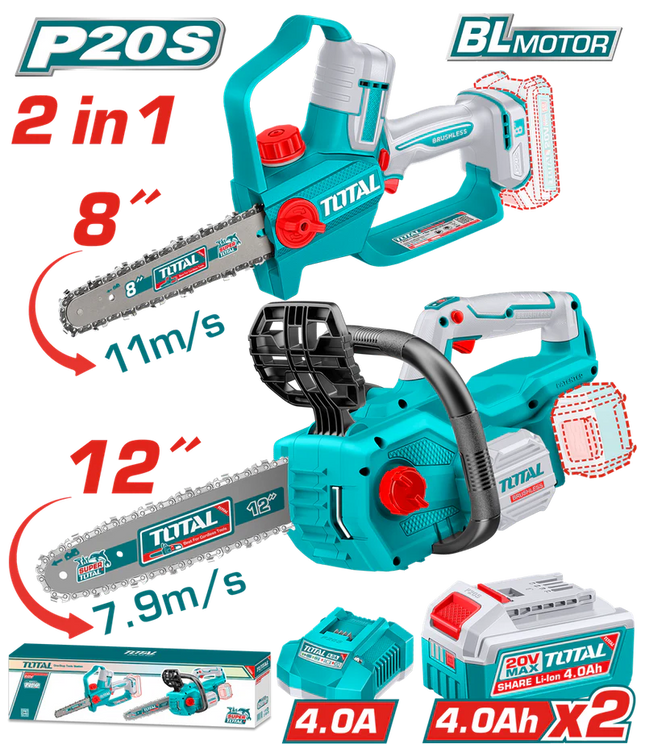 TOTAL COMBO INALAMBRICO 20V SIERRA MINI 8" + MOTOSIERRA 12" + 2 BATERIAS 4.0AH + CARGADOR INDUSTRIAL UTOSLI251085