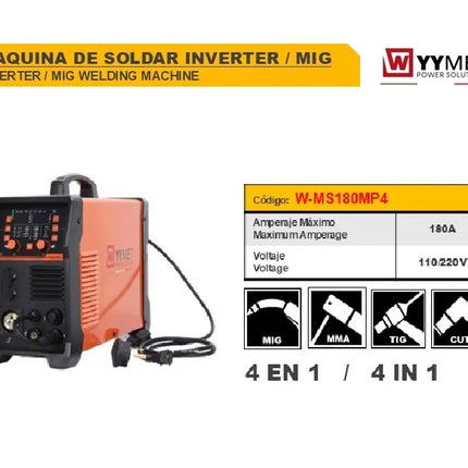 WYYMET SOLDADOR INVERSOR MMA/TIG/TIG/CORTE 180AMP 110/220 W-MS180PM4