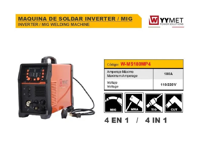 WYYMET SOLDADOR INVERSOR MMA/TIG/TIG/CORTE 180AMP 110/220 W-MS180PM4