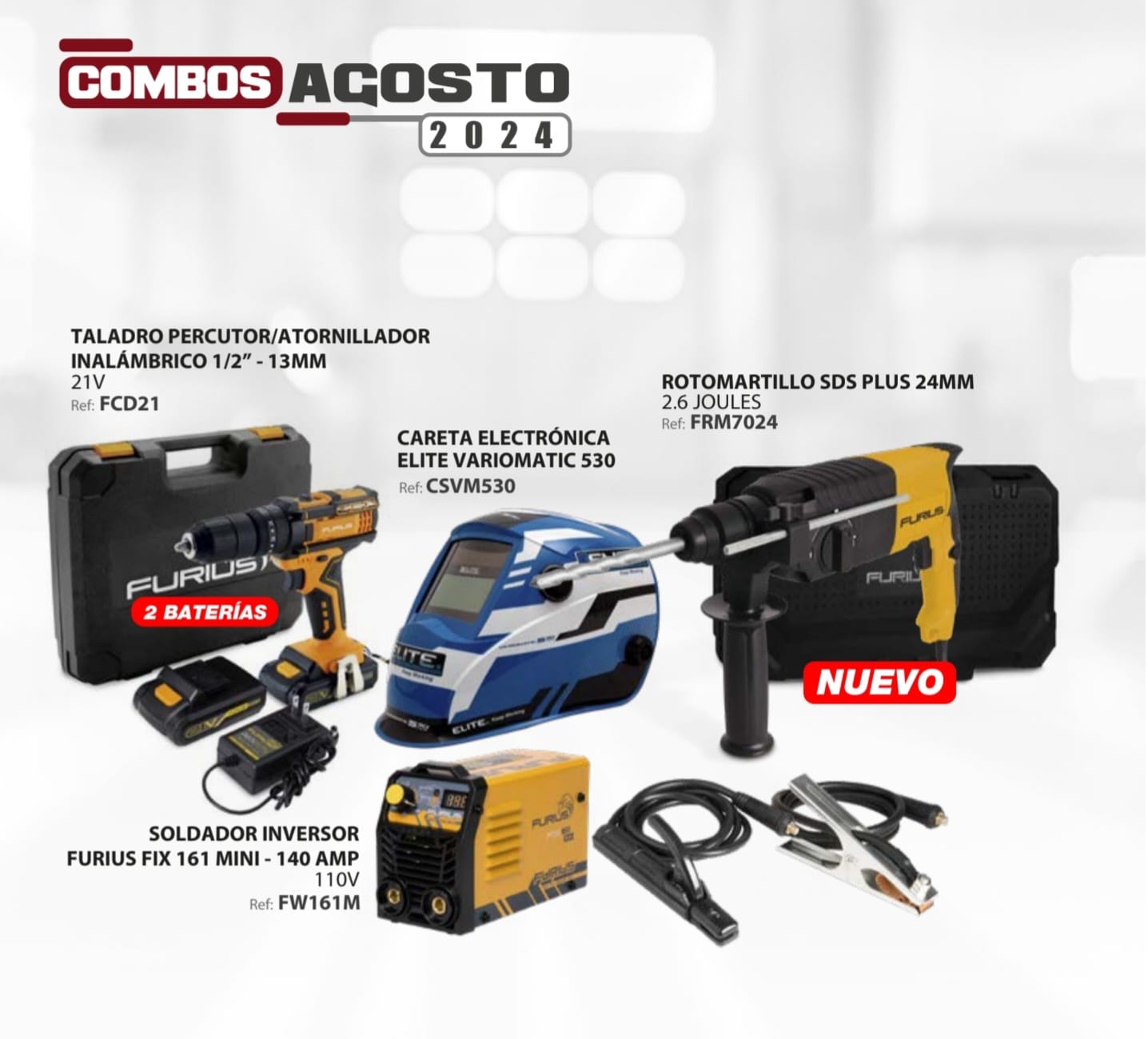 COMBO FURIUS SOLDADOR FIX 161M  + CARETA ELITE VARIOMATIC 530  + TALADRO INHALAMBRICO 21V + ROTOMARTILLO 720W - HSM0824001