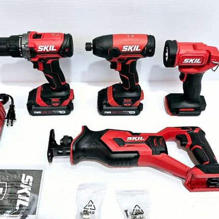 SKIL KIT TALADRO+ATORNILLADOR INHALAMBRICO DE 20V + ATORNILLADOR DE IMPACTO + SIERRA ALTERNATIVA + FOCO LED + BATERIAS DE LITIO + CARGADOR