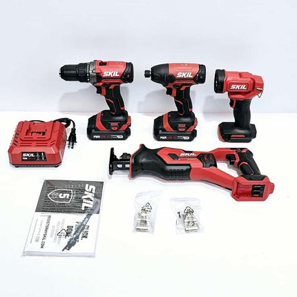 SKIL KIT TALADRO+ATORNILLADOR INHALAMBRICO DE 20V + ATORNILLADOR DE IMPACTO + SIERRA ALTERNATIVA + FOCO LED + BATERIAS DE LITIO + CARGADOR