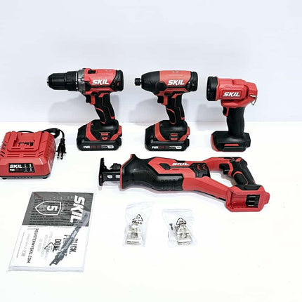 SKIL KIT TALADRO+ATORNILLADOR INHALAMBRICO DE 20V + ATORNILLADOR DE IMPACTO + SIERRA ALTERNATIVA + FOCO LED + BATERIAS DE LITIO + CARGADOR
