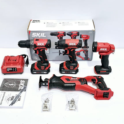 SKIL KIT TALADRO+ATORNILLADOR INHALAMBRICO DE 20V + ATORNILLADOR DE IMPACTO + SIERRA ALTERNATIVA + FOCO LED + BATERIAS DE LITIO + CARGADOR