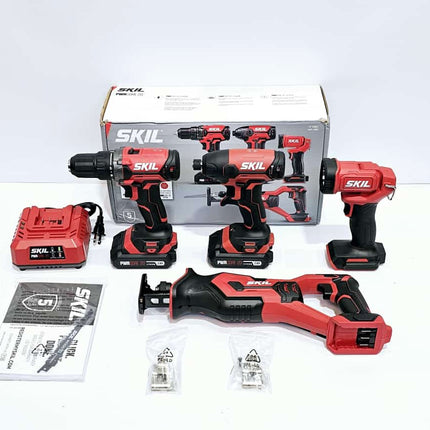 SKIL KIT TALADRO+ATORNILLADOR INHALAMBRICO DE 20V + ATORNILLADOR DE IMPACTO + SIERRA ALTERNATIVA + FOCO LED + BATERIAS DE LITIO + CARGADOR