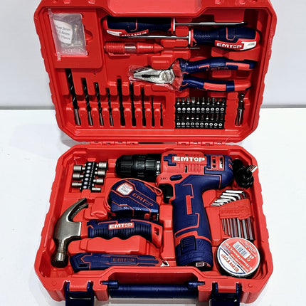 EMTOP JUEGO DE HERRAMIENTAS 96 PZS - TALADRO INHALAMBRICO+ BATERÍA+DESTORNILLADORES+PINZAS+MINI MARTILLO+ CINTA MÉTRICA+ LLAVES+ CUCHILLO+ CINTA AISLANTE + MANGO + BROCAS+ PUNTAS+TORNILLOS+ TAPONES