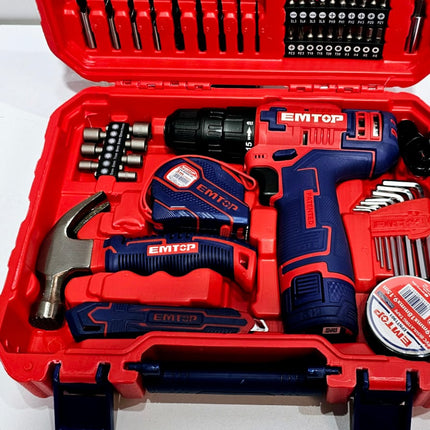 EMTOP JUEGO DE HERRAMIENTAS 96 PZS - TALADRO INHALAMBRICO+ BATERÍA+DESTORNILLADORES+PINZAS+MINI MARTILLO+ CINTA MÉTRICA+ LLAVES+ CUCHILLO+ CINTA AISLANTE + MANGO + BROCAS+ PUNTAS+TORNILLOS+ TAPONES