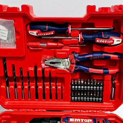EMTOP JUEGO DE HERRAMIENTAS 96 PZS - TALADRO INHALAMBRICO+ BATERÍA+DESTORNILLADORES+PINZAS+MINI MARTILLO+ CINTA MÉTRICA+ LLAVES+ CUCHILLO+ CINTA AISLANTE + MANGO + BROCAS+ PUNTAS+TORNILLOS+ TAPONES