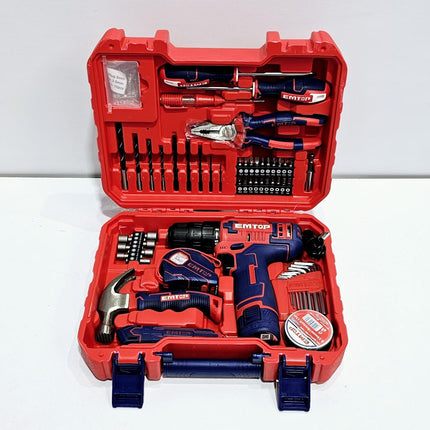 EMTOP JUEGO DE HERRAMIENTAS 96 PZS - TALADRO INHALAMBRICO+ BATERÍA+DESTORNILLADORES+PINZAS+MINI MARTILLO+ CINTA MÉTRICA+ LLAVES+ CUCHILLO+ CINTA AISLANTE + MANGO + BROCAS+ PUNTAS+TORNILLOS+ TAPONES