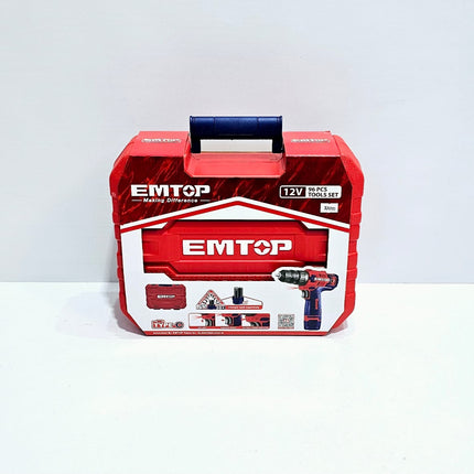 EMTOP JUEGO DE HERRAMIENTAS 96 PZS - TALADRO INHALAMBRICO+ BATERÍA+DESTORNILLADORES+PINZAS+MINI MARTILLO+ CINTA MÉTRICA+ LLAVES+ CUCHILLO+ CINTA AISLANTE + MANGO + BROCAS+ PUNTAS+TORNILLOS+ TAPONES