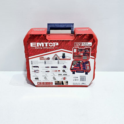 EMTOP JUEGO DE HERRAMIENTAS 96 PZS - TALADRO INHALAMBRICO+ BATERÍA+DESTORNILLADORES+PINZAS+MINI MARTILLO+ CINTA MÉTRICA+ LLAVES+ CUCHILLO+ CINTA AISLANTE + MANGO + BROCAS+ PUNTAS+TORNILLOS+ TAPONES