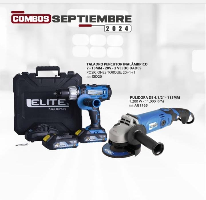 ELITE COMBO - TALADRO PERCUTOR INHALAMBRICO XID20 +  PULIDORA DE 4 1/2" AG1165