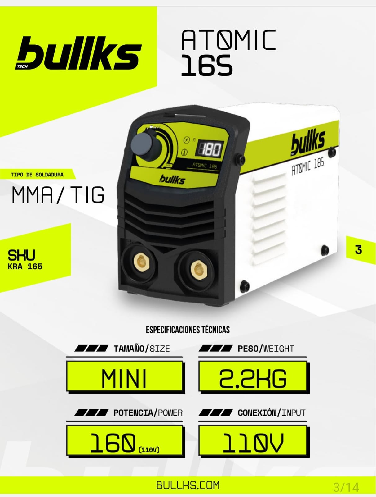 BULLKS SOLDADOR INVERSOR ATOMIC 165 AMP 110V KRA-165