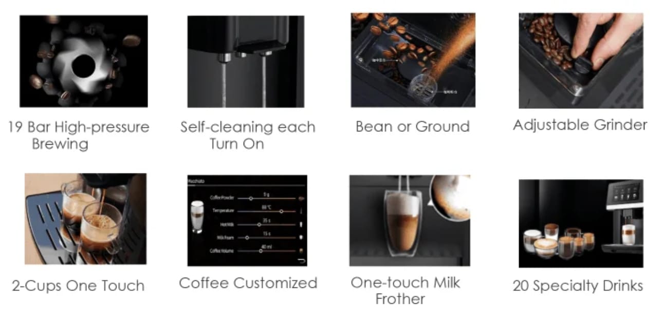 Cafetera Automática Profesional 19 Bares con Pantalla Táctil de 7" – 20 Bebidas