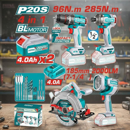 TOTAL COMBO INALAMBRICO 20V TALADRO PERCUTOR 96NM + ATORNILLADOR DE IMPACTO 1/2'' 285NM + CIERRA CIRCULAR 7-1/4'' + LAMPARA DE TRABAJO 2000LM + ACCESORIOS UTOSLI241297