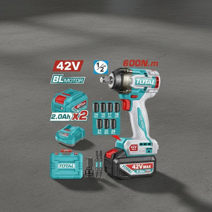 TOTAL LLAVE DE IMPACTO INALAMBRICA 1/2" 42V 600NM, 2 BATERIAS, CARGADOR, COPAS, PUNTA DESTORNILLADOR  Y ADAPTADOR INDUSTRIAL UTIWLI42602