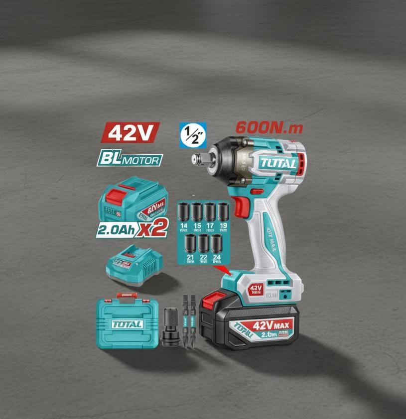 TOTAL LLAVE DE IMPACTO INALAMBRICA 1/2" 42V 600NM, 2 BATERIAS, CARGADOR, COPAS, PUNTA DESTORNILLADOR  Y ADAPTADOR INDUSTRIAL UTIWLI42602