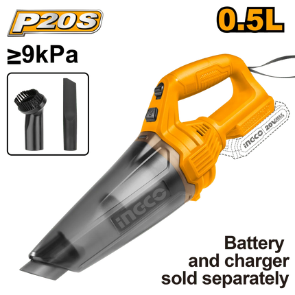 INGCO ASPIRADORA INALAMBRICA 20V 0.5L 9KPA CON BOQUILLA Y CEPILLO CVLI201261