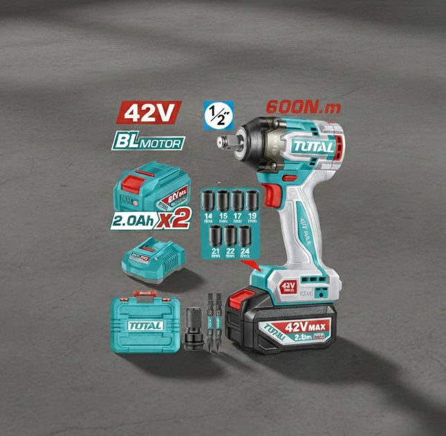 TOTAL LLAVE IMPACTO INALAMBRICA 3/4" 20V 1350 NM, 2 BATERIAS 5.0 AH, CARGADOR Y 3 COPAS UTIWLI20135