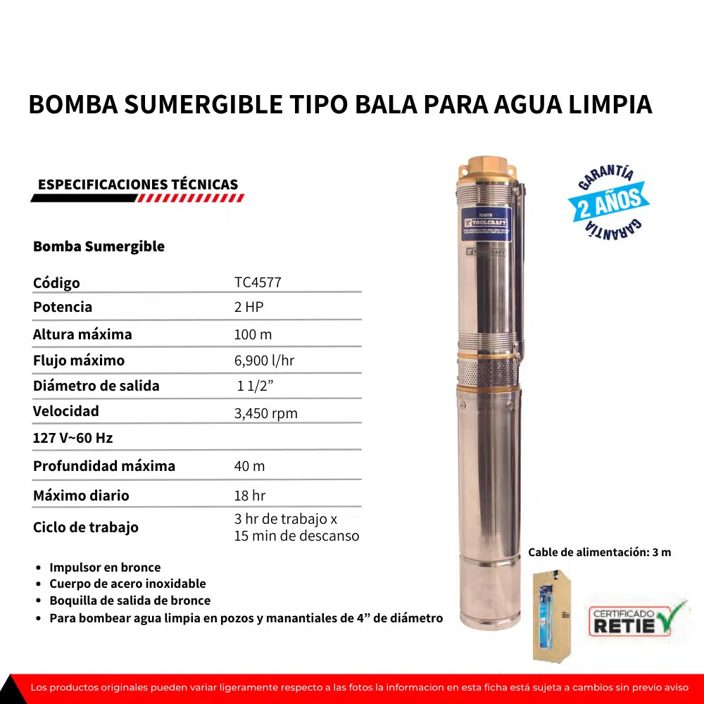 TOOLCRAFT BOMBA SUMERGIBLE TIPO LAPICERO INOXIDABLE 2 HP TC4577
