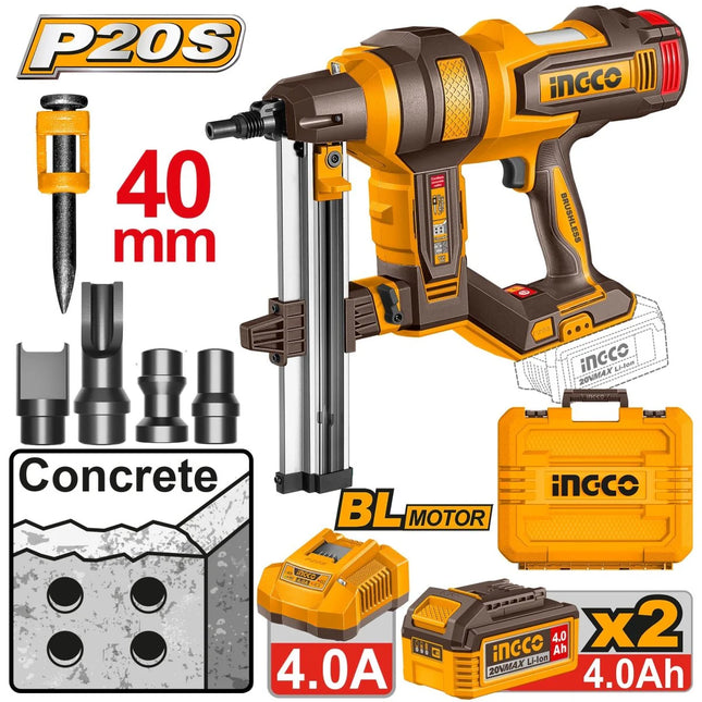Clavadora para Concreto INGCO 20V Sin Escobillas 19-40mm + 2 Baterías 4Ah y 1000 Clavos UCCNLI9008