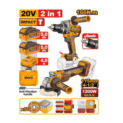 INGCO COMBO TALADRO PERCUTOR 1/2" 20V 166 N.M + PULIDORA INALAMBRICA 4-1/2" 20V 1200W UCOSLI260583