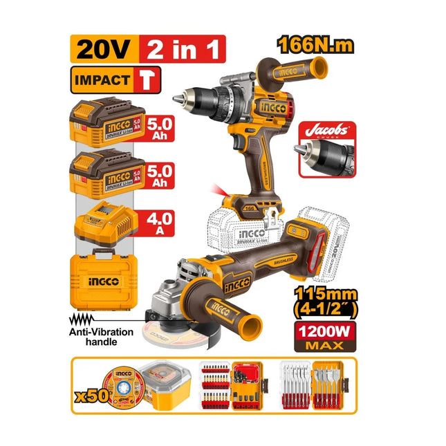 INGCO COMBO TALADRO PERCUTOR 1/2" 20V 166 N.M + PULIDORA INALAMBRICA 4-1/2" 20V 1200W UCOSLI260583