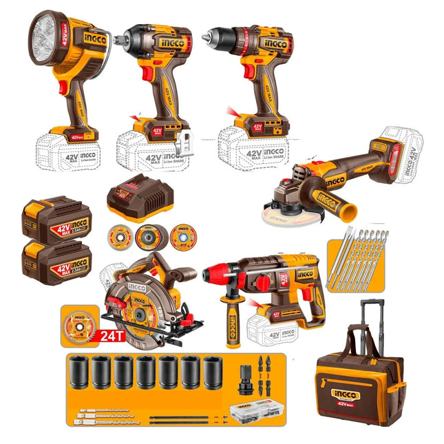 INGCO SET 6 HERRAMIENTAS INALáMBRICAS INGCO 42V TALADRO DE IMPACTO PULIDORA ROTOMARTILLO SIERRA LLAVE LáMPARA UCOSLI260496