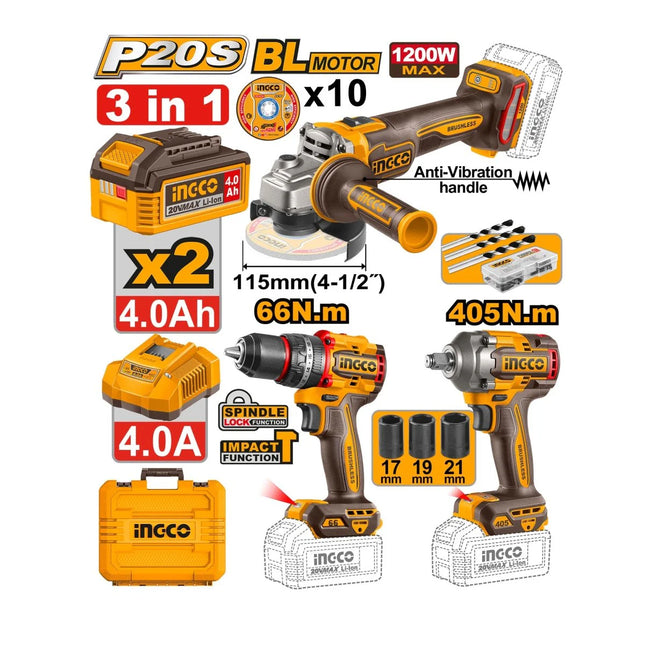 INGCO COMBO 3 EN 1 TALADRO PERCUTOR 1/2" 20V 66N.M + PULIDORA 4-1/2" 20V 1200W + LLAVE DE IMPACTO 1/2" 20V 405 N.M + 2 BATERIAS Y CARGADOR UCKLI20358