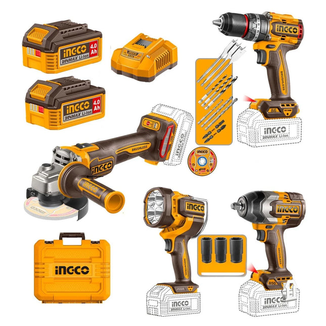 INGCO COMBO 20V PULIDORA 4-1/2" + TALADRO 1/2" + LLAVE IMMPACTO 850 N.M + 2 BATERIAS Y CARGADOR UCOSLI251192