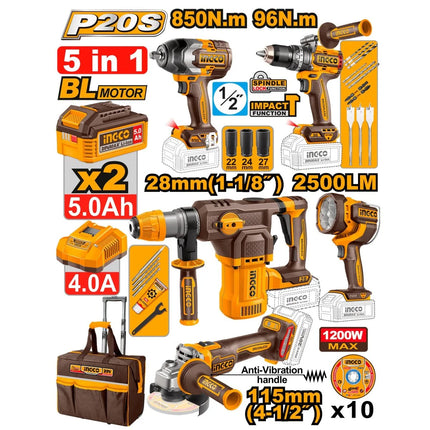 INGCO COMBO 20V 1 TALADRO 1/2 + 1 LLAVE DE IMPACTO 1/2 + 1 ROTOMARTILLO + 1 PULIDORA 4-1/2 + 1 LAMPARA + 2 BATERIAS 5.0AH Y CARGADOR UCOSLI251193