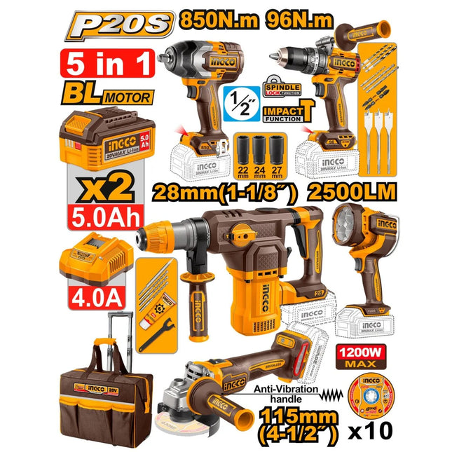 INGCO COMBO 20V 1 TALADRO 1/2 + 1 LLAVE DE IMPACTO 1/2 + 1 ROTOMARTILLO + 1 PULIDORA 4-1/2 + 1 LAMPARA + 2 BATERIAS 5.0AH Y CARGADOR UCOSLI251193