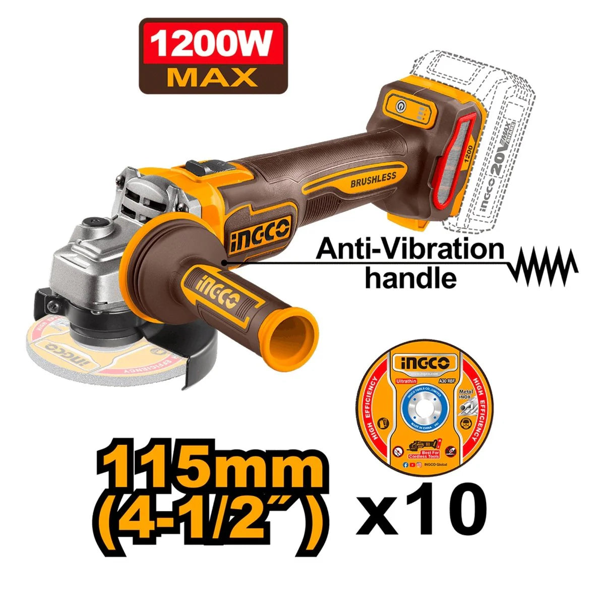 INGCO COMBO 20V 1 TALADRO 1/2 + 1 LLAVE DE IMPACTO 1/2 + 1 ROTOMARTILLO + 1 PULIDORA 4-1/2 + 1 LAMPARA + 2 BATERIAS 5.0AH Y CARGADOR UCOSLI251193
