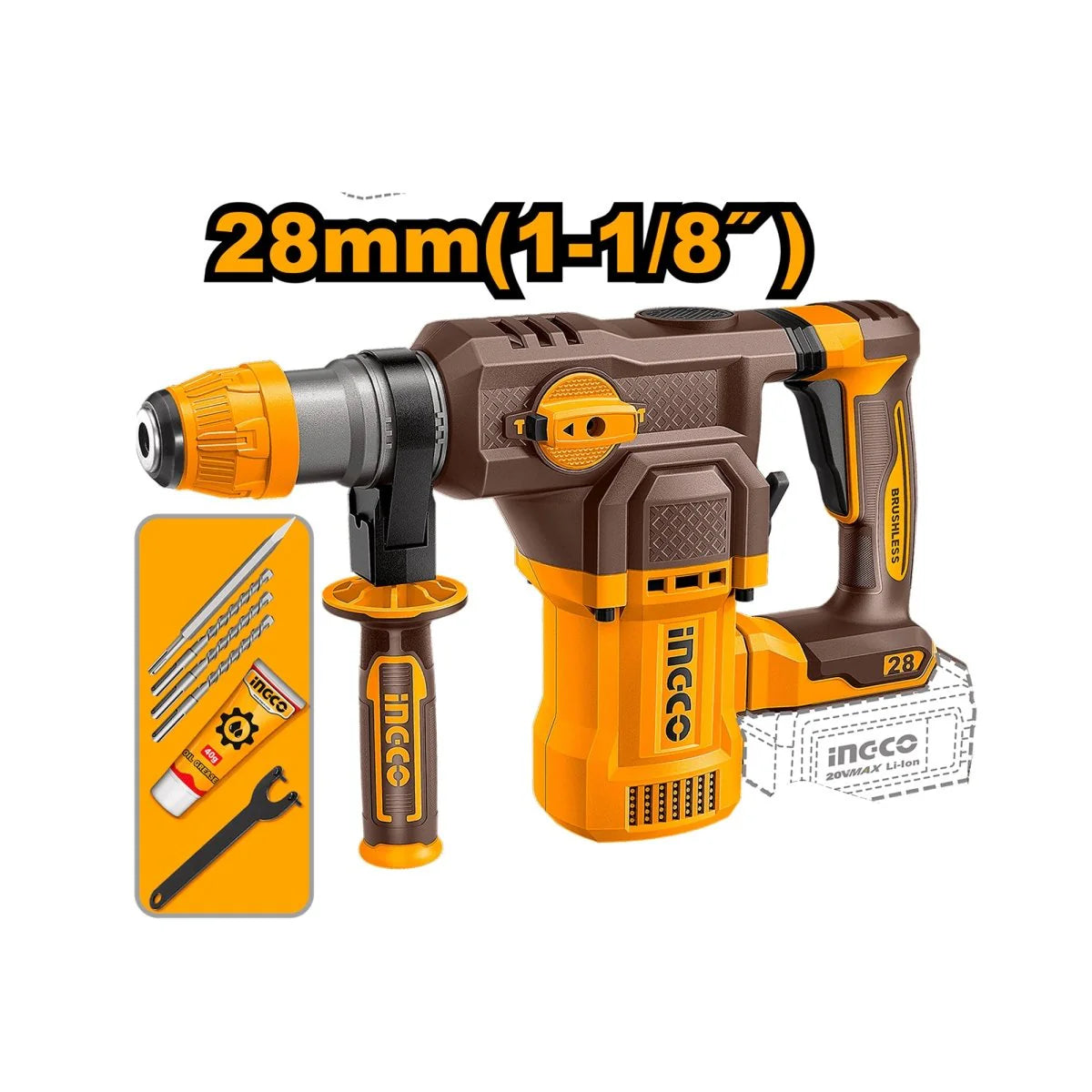INGCO COMBO 20V 1 TALADRO 1/2 + 1 LLAVE DE IMPACTO 1/2 + 1 ROTOMARTILLO + 1 PULIDORA 4-1/2 + 1 LAMPARA + 2 BATERIAS 5.0AH Y CARGADOR UCOSLI251193
