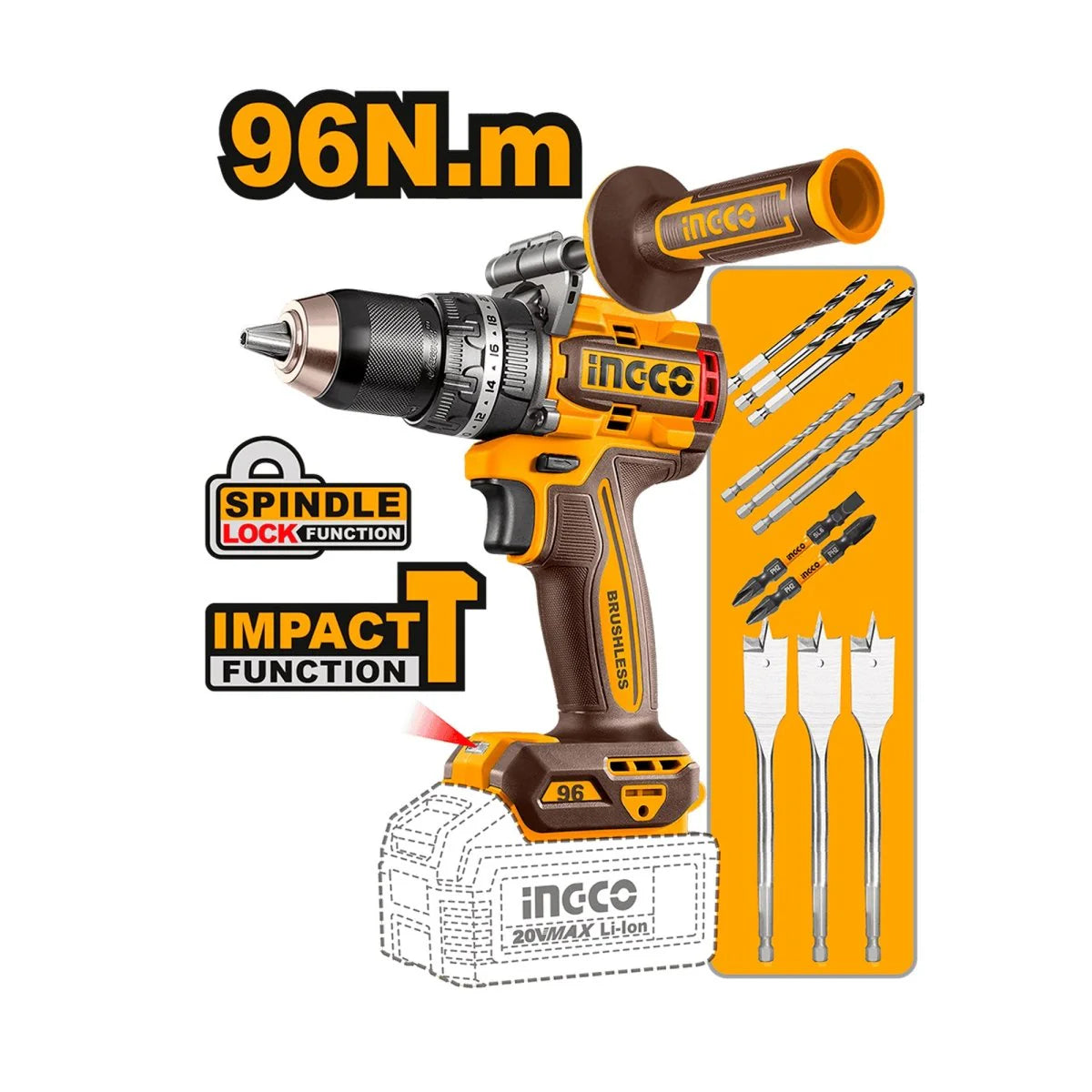 INGCO COMBO 20V 1 TALADRO 1/2 + 1 LLAVE DE IMPACTO 1/2 + 1 ROTOMARTILLO + 1 PULIDORA 4-1/2 + 1 LAMPARA + 2 BATERIAS 5.0AH Y CARGADOR UCOSLI251193