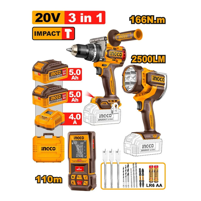 INGCO COMBO TALADRO PERCUTOR INALAMBRICO 1/2" 20V 166 N.M + LINTERNA INALAMBRICA 20V + MEDIDOR DE DISTANCIA LASER UHLDD260528