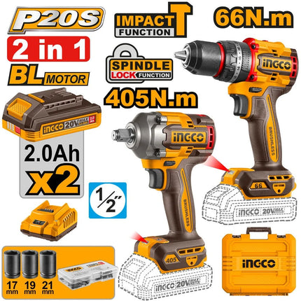 INGCO COMBO 20V TALADRO PERCUTOR INALAMBRICO 1/2" + LLAVE DE IMPACTO INALAMBRICA 1/2" UCKLI20286