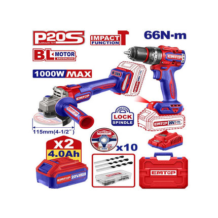 EMTOP COMBO DE HERRAMIENTAS INALAMBRICAS DDE 2 PIEZAS 20V ULCKL20273