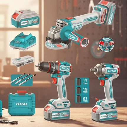 TOTAL COMBO 20V TALADRO 1/2 66NM + PULIDORA 4 1/2 1000W + PISTOLA IMPACTO 1/2 400NM + 2 BATERIAS 4.0AH, CARGADOR Y ACCESORIOS UTOSLI241291