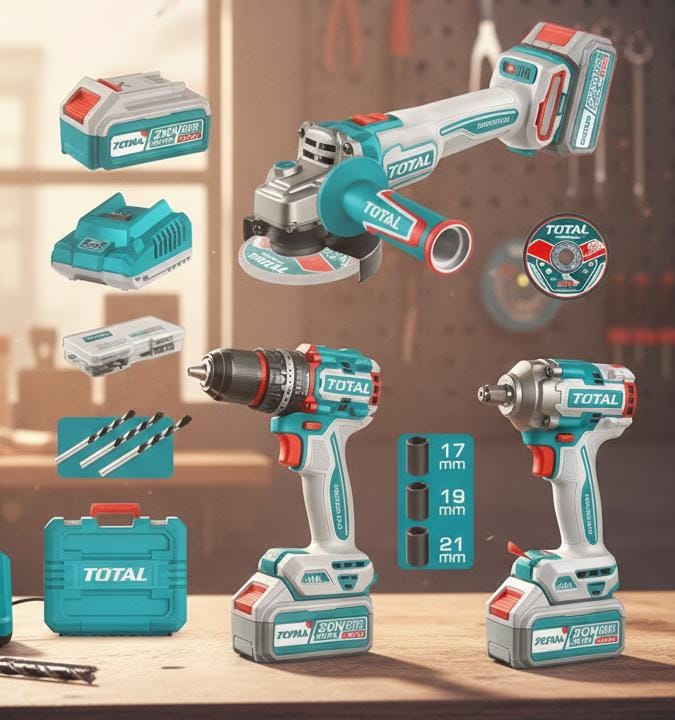 TOTAL COMBO 20V TALADRO 1/2 66NM + PULIDORA 4 1/2 1000W + PISTOLA IMPACTO 1/2 400NM + 2 BATERIAS 4.0AH, CARGADOR Y ACCESORIOS UTOSLI241291