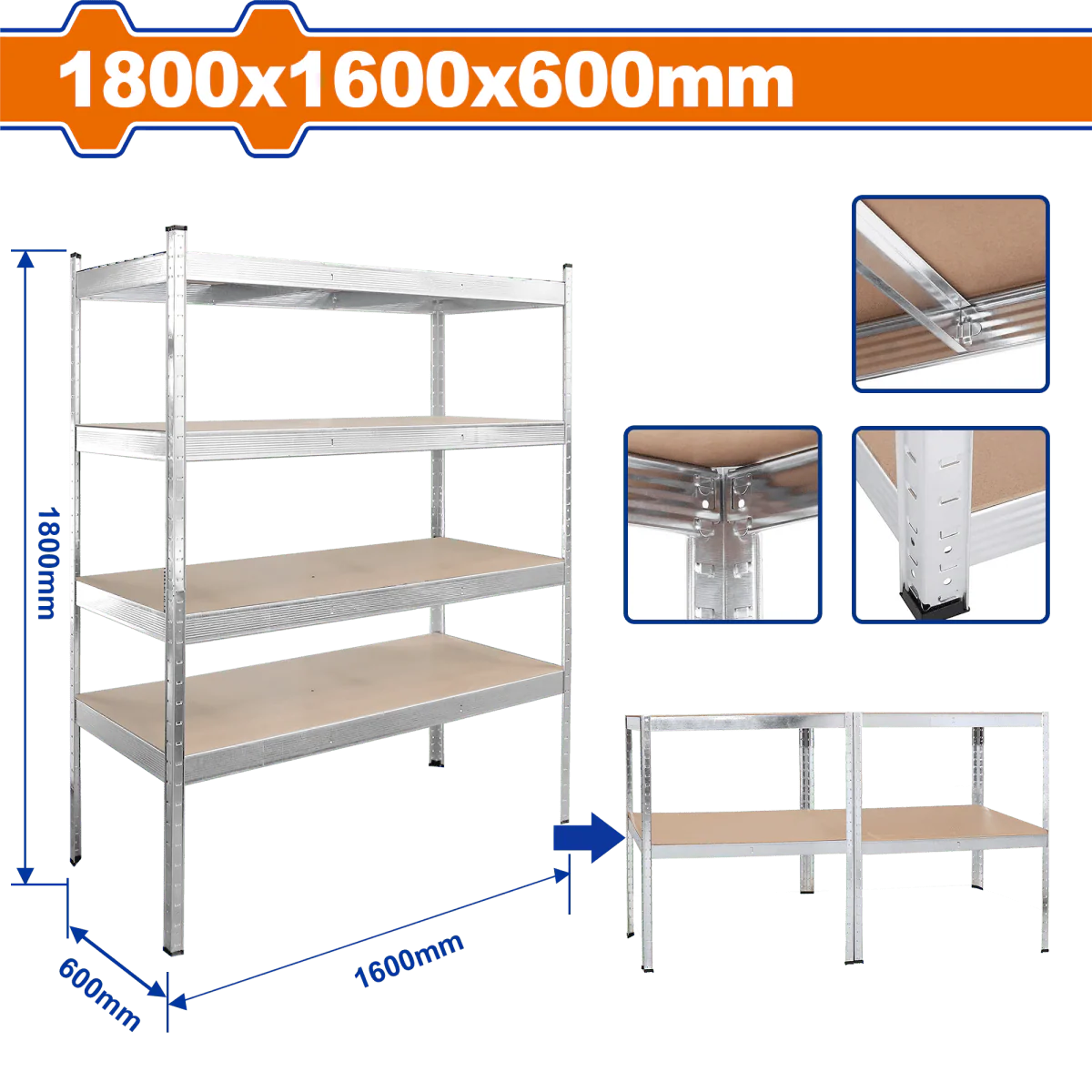 WADFOW ESTANTE LIVIANO 4 NIV 1600X600X1800MM WTS1A16